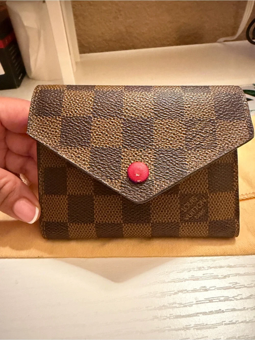 Louis Vuitton Brown Checkered Envelope Wallet with Red Snap